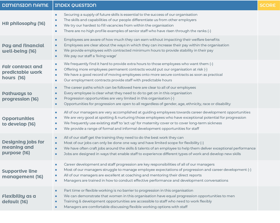 DIMENSION NAME,INDEX QUESTION,SCORE,HR philosophy (16),Securing a supply of future skills is essential to the success   